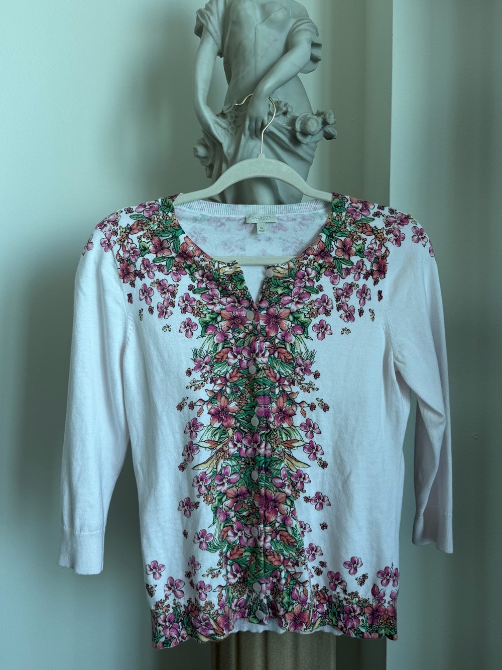Talbots White Long Sleeve Top with Pink & Green Floral Print